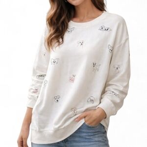 Mesh + Love Doggy Print Sweatshirt Large NWT White Cute Puppy Graphic Cozy